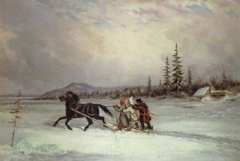 Cornelius Krieghoff habitants sleighing Norge oil painting art